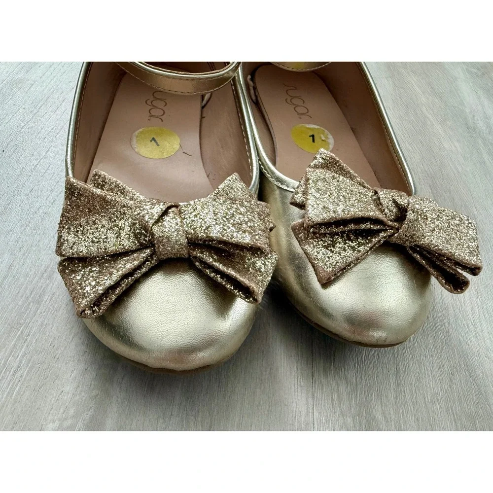 Sugar Kids Gold‎ Glitter Bow Ankle Strap Ballet Flats Shoes Size 1